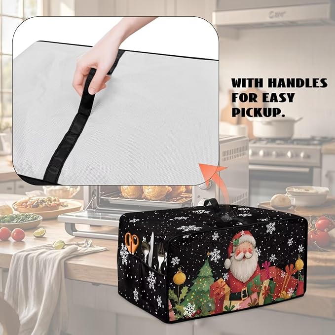 Toaster Oven Cover Dust-Proof Countertop Convection Oven Cover Protective Smart Microwave Oven Accessories and Decor, L, Santa Claus Snowflake Black Christmas Decor