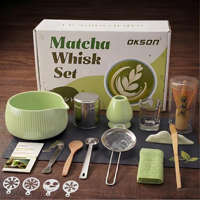 Matcha Whisk Set, 15PCS Ceramic Matcha Bowl Kit, Includes Bamboo Whisk & Holder, Glass Measuring Cup, Caddy, Sifter, Scoop, Tea Towel, Tea Mat, Making Sets for Lovers, Green