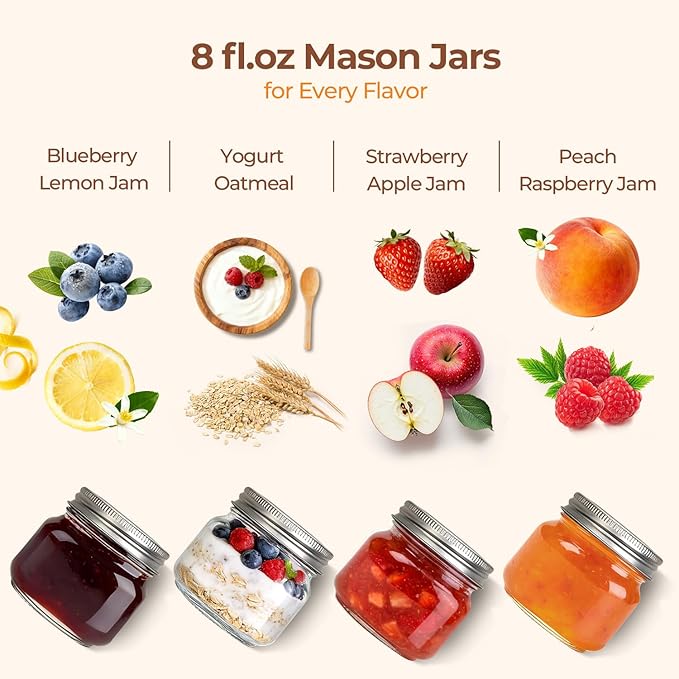 ComSaf 8 oz Regular Mouth Mason Jars,6Pcs Glass Jars for Home Cooks Making Jam and Jelly, and Crafters Creating DIY Candles and Party Favors, Canning Jar with Lids and Rings，Includes Labels & Twine