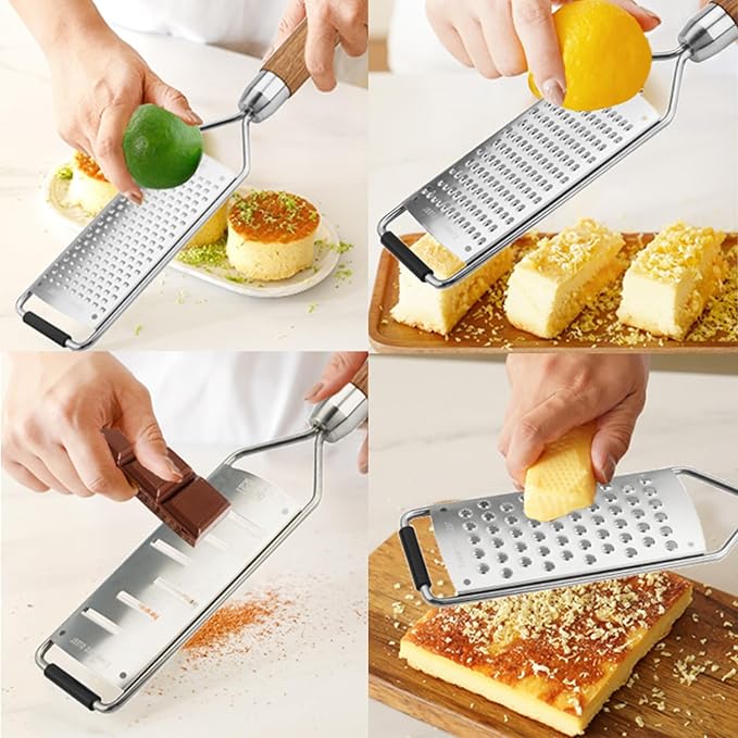 Professional Cheese Grater Stainless Steel,Multi-Purpose Grater With Wood Handle for Cheese, Ginger, Lemon, Garlic, Nutmeg,Fruits,Chocolate & Spices-Wideboard (Slice)