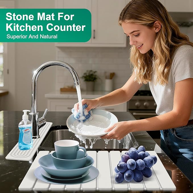 Stone Drying Mat for Kitchen Counter, 24"x16" Water Absorbing Dish Drying Mat with 24"x4" Faucet Mat for Kitchen Sink, Diatomaceous Earth Quick Dry Stone Mats for Dishes Bottles Cups (Off White)