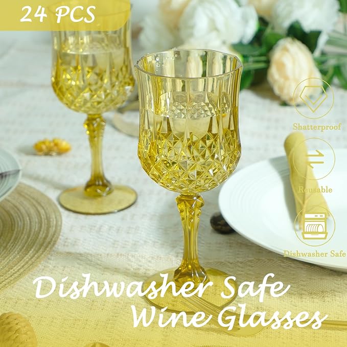 Plastic Wine Glasses, Plastic Goblets Vintage Style Cordial Unbreakable Drinking Glasses, Reusable Drinkware for Wedding Reception, Grand Event Party Supplies (24, Gold)