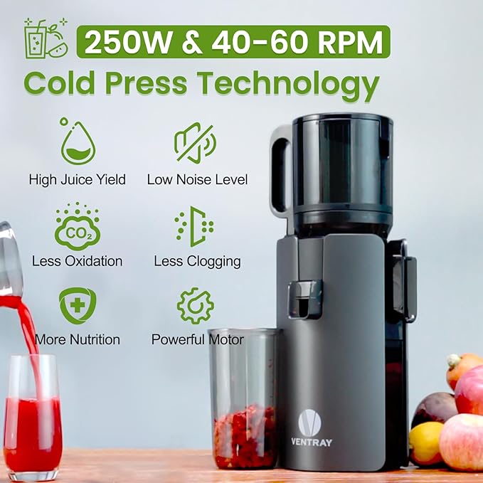 Ventray Cold Press Juicer, Slow Masticating Juicer Machine with 4.7" Wide Feed Chute for Whole Vegetables & Fruits, Juice Extractor High Juice Yield, Easy to Clean
