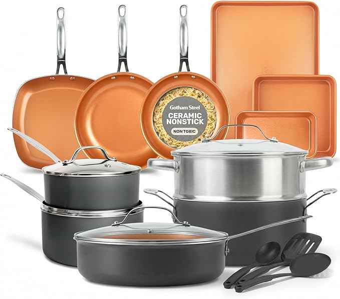 GOTHAM STEEL 20 Pc Ceramic Cookware Set, Copper Pots and Pans Set Non Stick with Bakeware, Cooking Utensils, and Steamer, Oven and Dishwasher Safe