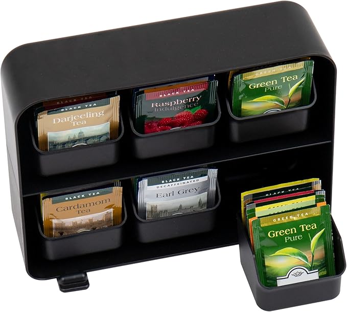 Mind Reader Tea Bag Organizer, Tea Station Organizer, Countertop Storage, Kitchen, Plastic, 10.25"L x 3.25"W x 7.75"H, Black