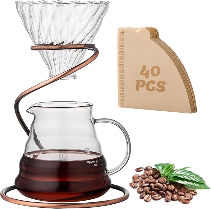 Coffee Pour Over Set – Complete Pour Over Coffee Maker with Dripper, 40Filters, and Metal Stand – Portable & Stylish V60 Style Drip Coffee Brewer