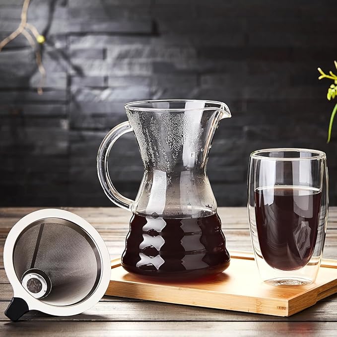 Unbreakable - Pour Over Coffee Maker with Permanent Stainless Filter 40 fl oz, Thickened Heat-Resistant Borosilicate Glass Dripper Coffee Brewer, Stovetop Safe