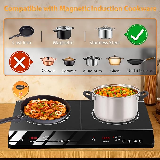 Double Burner Induction Cooktop, 1800W Portable Induction Cooktop 2 Burner with 9 Temp & Power Independent Touch Control, Electric Stove Top Cooker with Safety Lock, 3 Hour Timer