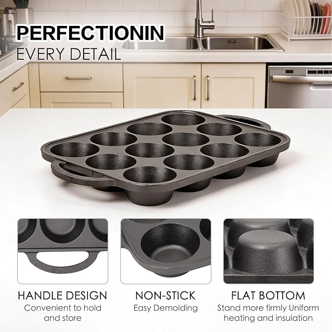 Flavehc 2pack Cast Iron Muffin Pans for Baking 12 Cup Regular Size Cupcake Pan with Handle Pre-Seasoned Muffin Pans Molds