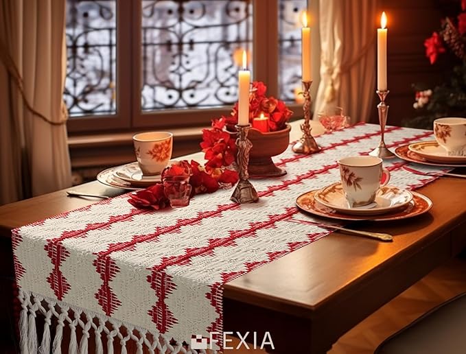 FEXIA Christmas Red Table Runner 13x72 Inches Long Christmas Runner for Table Boho Table Decor Rustic Farmhouse Xmas Decoration for Home Party Decor (Red Square)