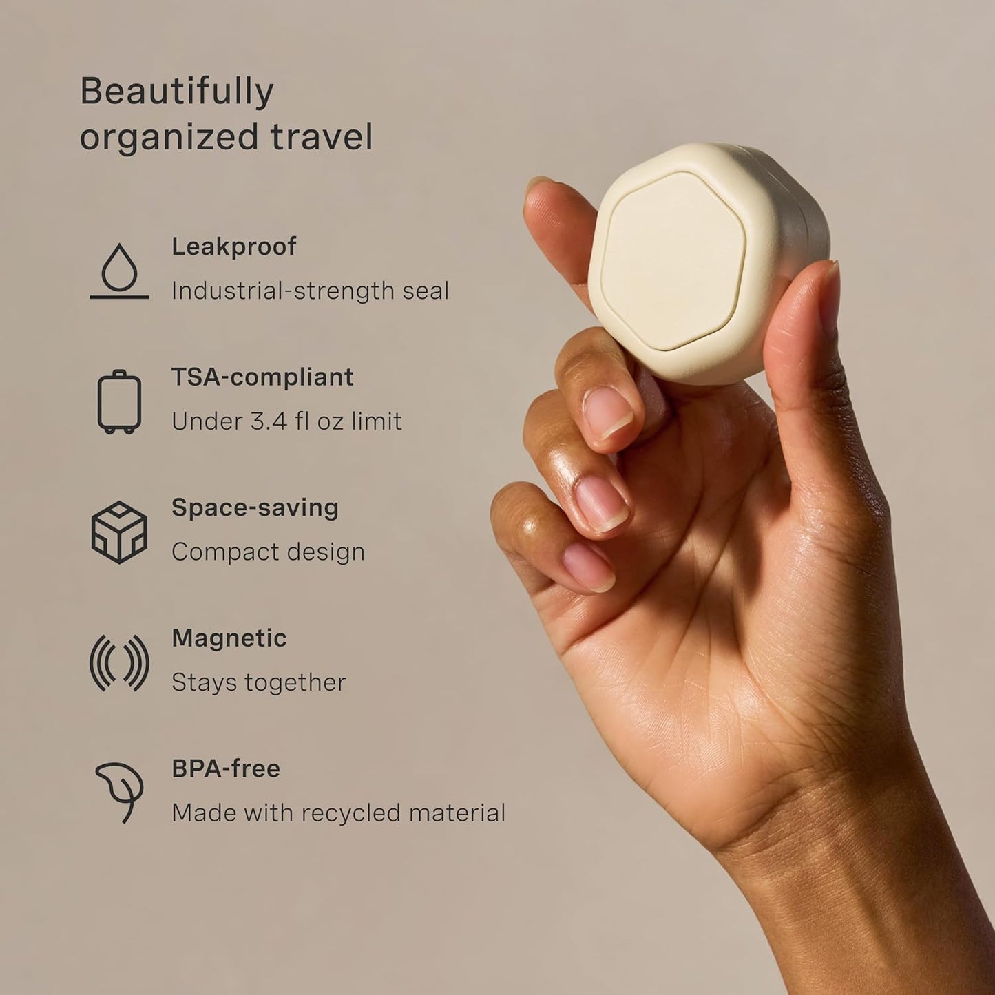 Cadence Travel Containers Basic Skincare Set - Magnetic Containers with Lids,Carry On Travel Essentials For Women/Men - 3 Small Capsules (0.56oz) - Cleanser, Moisturizer & Sun-Icon Labels - Sand