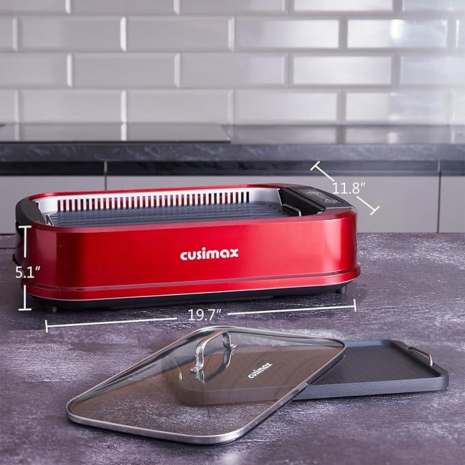 Indoor Grill, CUSIMAX Smokeless Grill Indoor, Electric Griddle, 1500W Korean BBQ Grill with LED Smart Display & Tempered Glass Lid, Non-stick Removable Plate & Griddle Plate, Red