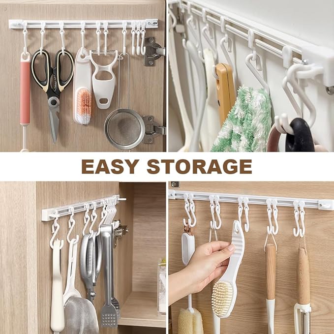 Multifunctional Slide Rail Hook,Kitchen Utensil Hanging Rack Wall Mounted Hanger,Space Saving Utensil Holder with 10 Hooks ,Sliding Track Hook No Drilling Hanger for Home Office (Length 30+40cm)