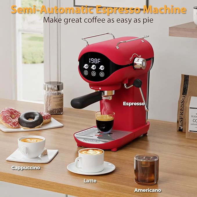 Espresso Machine with Steam Milk Frother Semi Automatic 20 Bar Compact Red with Toggle Switch for home Cafetera Espresso, Latte, Cappuccino, Americano, Macchiato
