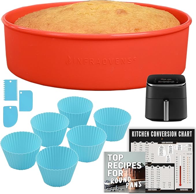 Air Fryer Baking Pan Set For Cosori TurboBlaze 9-in-1 6qt, Freezer Airfryer Bakeware Sets with Cupcake Liners & Kitchen Conversion Chart, Nonstick Round Cake Molds for Baking