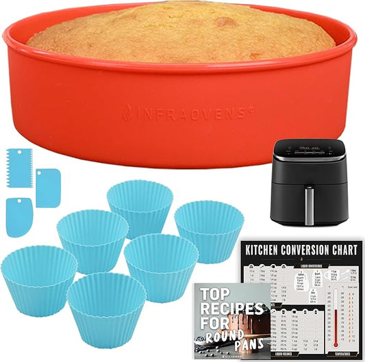 Air Fryer Baking Pan Set For Cosori TurboBlaze 9-in-1 6qt, Freezer Airfryer Bakeware Sets with Cupcake Liners & Kitchen Conversion Chart, Nonstick Round Cake Molds for Baking