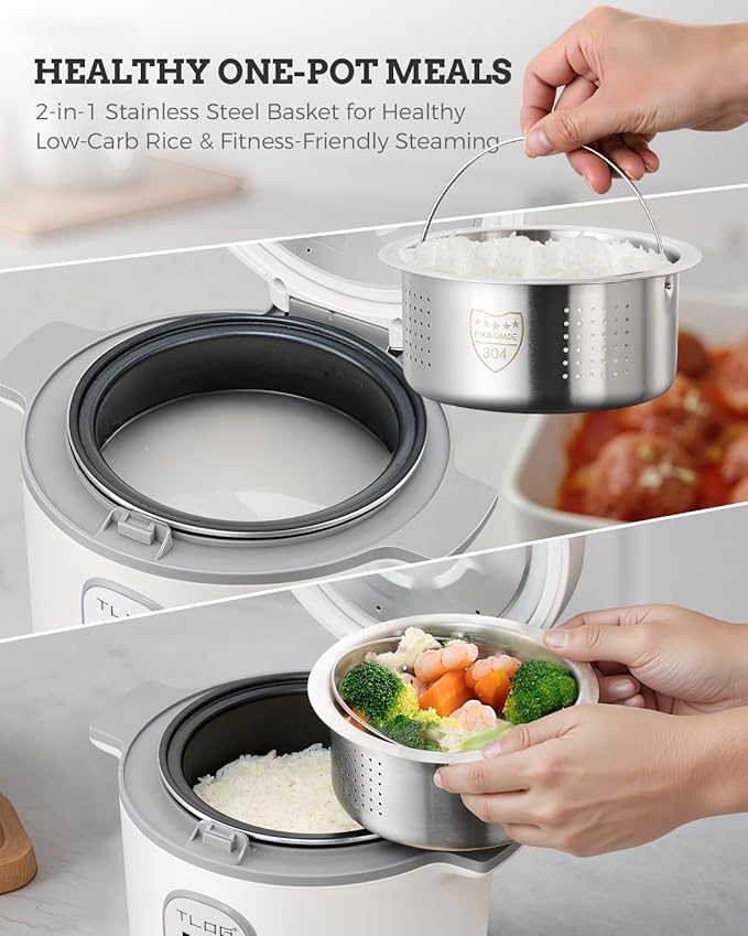 TLOG Low Carb Rice Cooker 2L(8 Cups Cooked), Low Sugar Healthy Rice Maker with 304 Stainless Steel Steamer Basket, 5 Cooking Presets, 24H Timer & Keep Warm Function