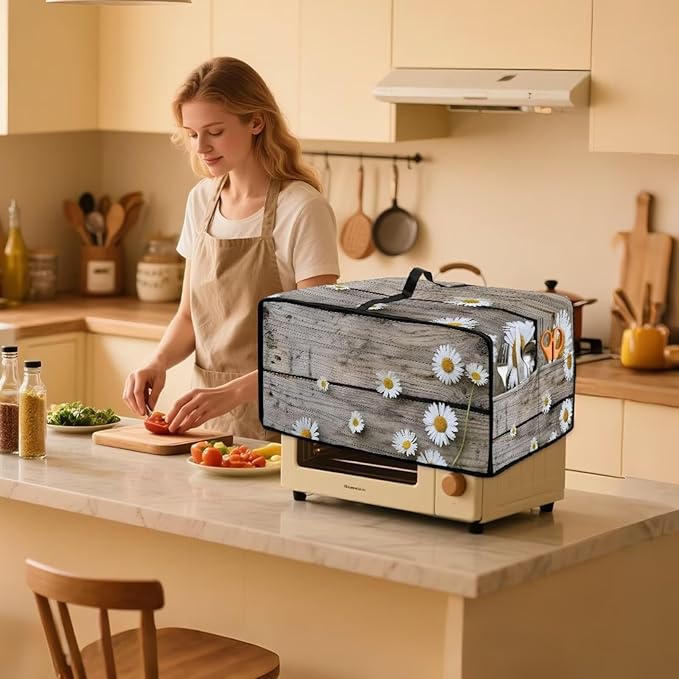 Toaster Oven Cover Washable Small Kitchen Appliance Dust Cover with Pockets, for Air Fryer Toaster Ovens, Microwaves, M, 16.5 x 20.5 x 10 inches, Daisy Wood Grain