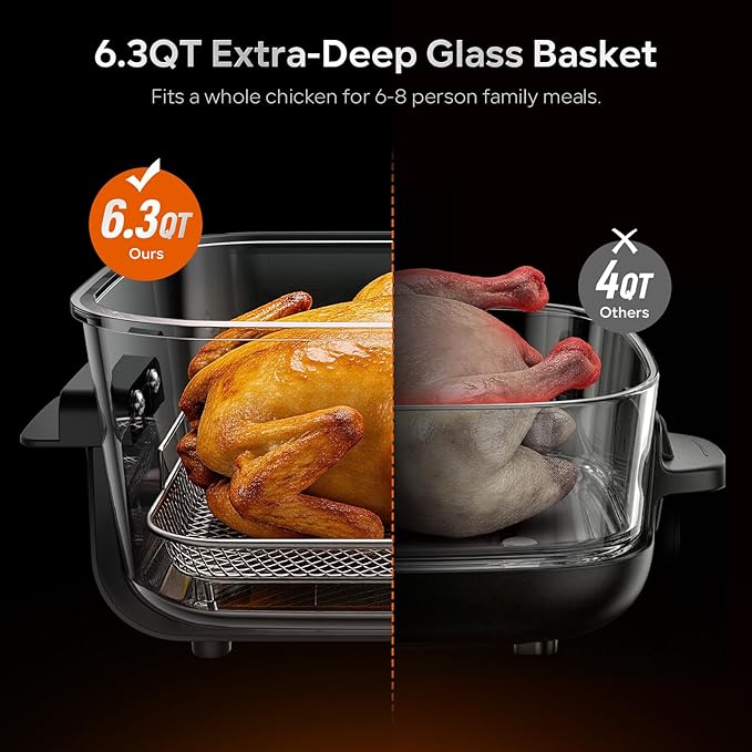 Glass Air Fryer Non Toxic, 6.3QT & 4.4QT Air Fryer with Dual Glass Baskets with Lids, 8-in-1 Portable Air Fryers Cristal, PFOA & PFAS-Free, Dishwasher Safe, Ideal Kitchen Gift