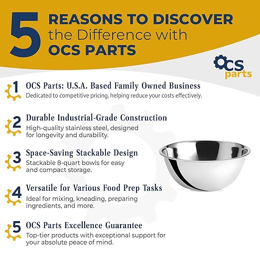 OCS Parts 8 Quart Mixing Bowls | Set of 4 | 13.25-Inch Stainless Steel Professional Grade Flat Base Mixing Bowls for Home and Commercial Kitchens
