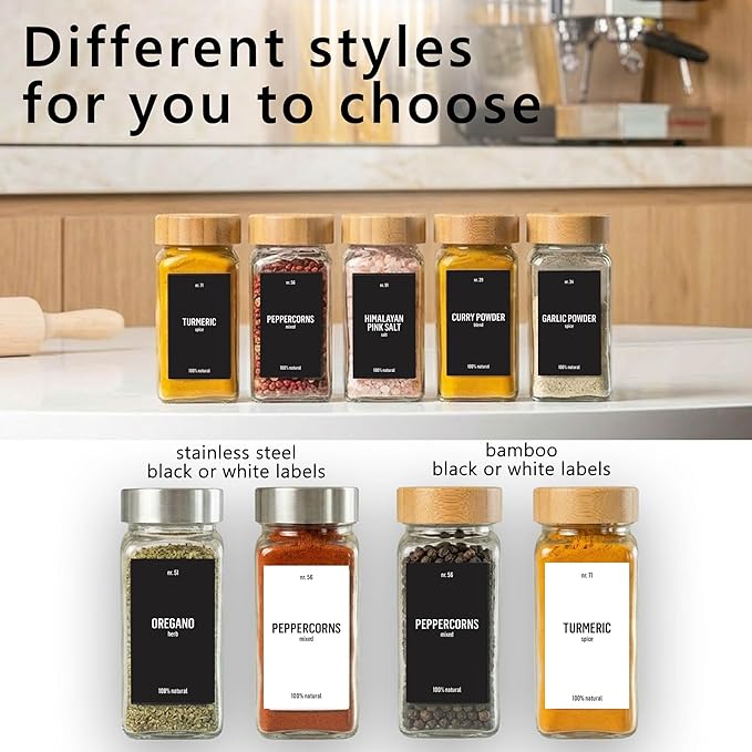 Deco haus Glass Spice Jars with Bamboo lids 24 x 4oz [LABELS incl] Spice Containers with 280 Labels, Funnel & Chalk Marker - Empty Herb Seasoning Containers, Small Seasoning Bottles for Herb