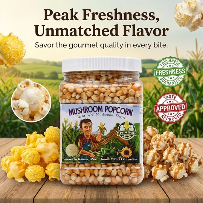 Princeton Popcorn Signature Easy Pop™ Mushroom Popcorn Kernels – New 2026 Ultra-Premium Variety, Pops Large & Round, Easy-Popping with Fewer Hulls, Non-GMO, No Glyphosate, Farmer-Direct, Made in USA (32 oz)