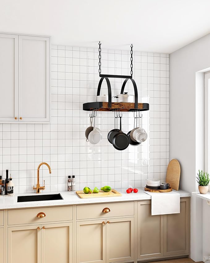 CHOEZON Hanging Pot Rack, Pot Hanger for Kitchen, Ceiling Mounted Pot Holder, Cookware Organizer with 9 S-Shaped Hooks, for Pot, Pan Storage, Space-Saving, Rustic Brown and Black TPR07BF
