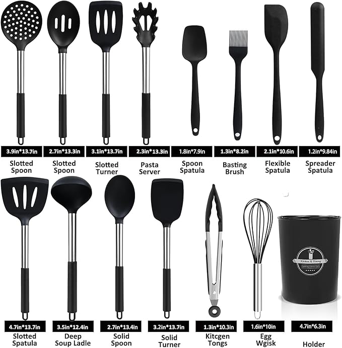 KSENDALO Silicone Cooking Utensils Set of 26, Heat Resistant Kitchen Utensils Set of Spatulas, Spoons, Whisk, Tong, Non Toxic Black Kitchen Tool Set with Holder for Nonstick Cookware, Dishwasher Safe