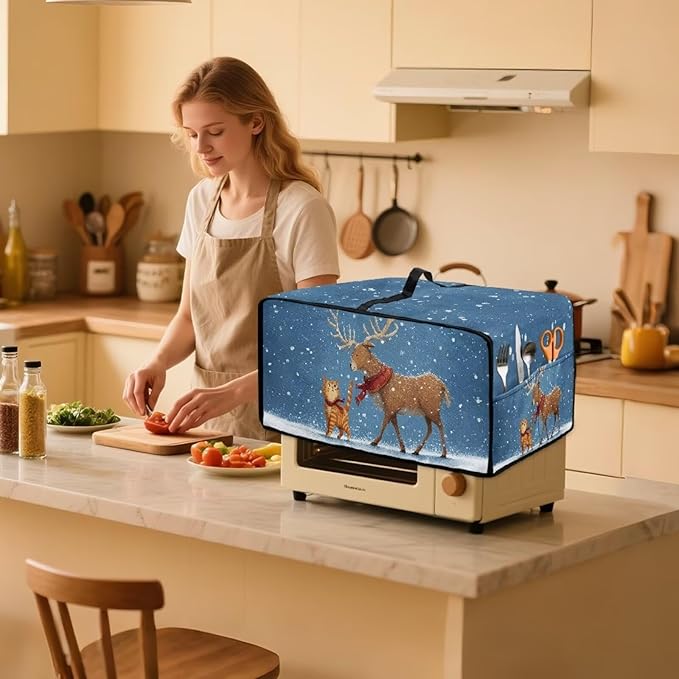 Air Fryer Toaster Oven Dust Cover Countertop Microwave Dust Cover Protector, Compatible with Convection Oven, M, 16.5 x 20.5 x 10 Inches, Reindeer Cat Christmas Decor