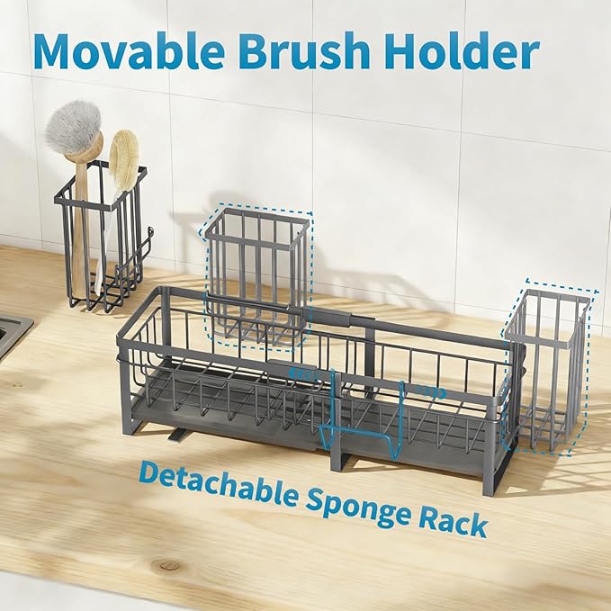 Extra Large Extendable Sponge Holder for Kitchen Sink, Rustproof Sink Caddy Organizer with High Brush Holder, Dish Soap Dispenser Organizers and Storage (Gray)