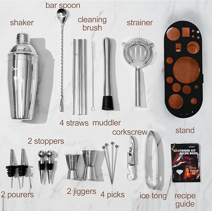 23-Piece Bartender Kit, Cocktail Shaker Set with Stand | Bar Set Drink Mixer Set with All Essential Bar Tools: Martini Shaker,Bar Mixer Spoon, Jigger, Strainer, Muddler, Pourers, for Home, Bar, Party