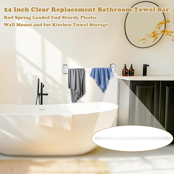 Earthtec 24 Inch Clear Adjustable Replacement Bathroom Towel Bar Rod Spring Loaded End Sturdy Plastic Wall Mount and for Kitchen Towel Storage Replacement Towel Bar for Ceramic Holder