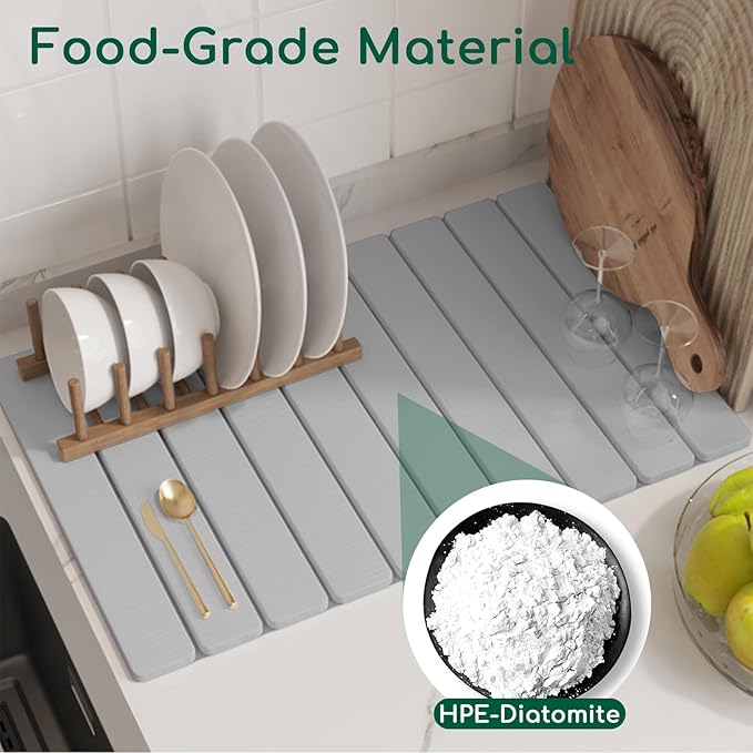 Stone Drying Mat for Kitchen Counter, LightGray 24"×16" Collapsible Fast Drying Dish Mats, Diatomaceous Earth Water Absorbing Mat for Dishes Bottles Cups