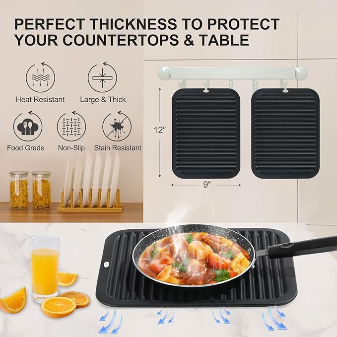9"x12" Large Silicone Trivets for Hot Pots and Pans, Hot Dishes, 2 Non Slip Heat Resistant Mats for Countertop Table, Silicone Pot Holders Hot Pads for Kitchen, Food Grade & BPA Free, Black