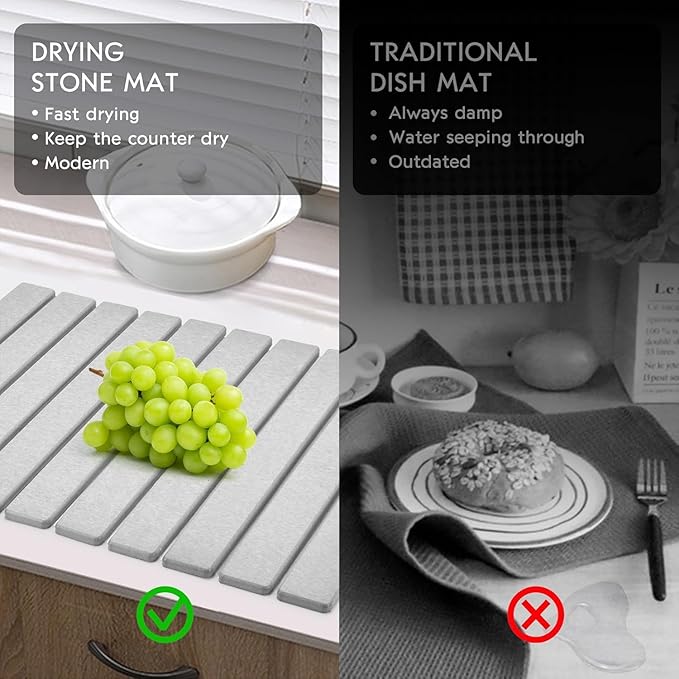 Large Stone Dish Drying Mat for Kitchen Counter – 24"(L)×16 (W) Foldable Absorbent Diatomaceous Earth Dish Drying Mats, Grey Kitchen Counter Mats for Dishes Bottles Cups, Match Any Countertop