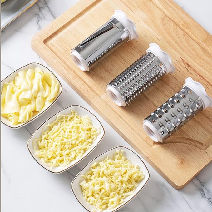 Rotary Cheese Grater with 3 Stainless Steel Drums – Manual Hand Crank Parmesan Grater for Cheese, Nuts, Chocolate & Vegetables – Deluxe Kitchen Tool Set with 3 Peelers and Cleaning Brush