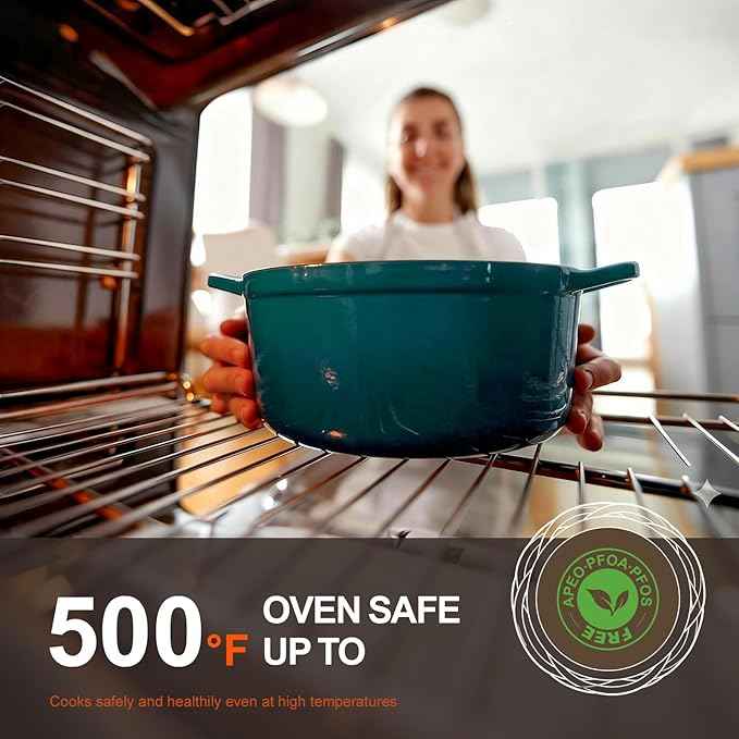 Overmont Enameled Cast Iron Dutch Oven - 5.5QT Pot with Lid Cookbook & Cotton Potholders - Heavy-Duty Cookware for Braising, Stews, Roasting, Bread Baking Bottle green