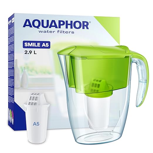 AQUAPHOR Smile Compact Fridge Water Filter Jug, Includes 1x A5 Filter Cartridge to Reduce Limescale, Chlorine & Heavy Metals, Plastic, Volume 2.9 L, Green.