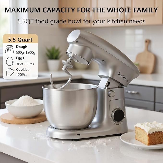 Stand Mixer, 3 in 1 Stand Mixer, 5.5Qt Electric Mixer, Mixer with Stainless Dough Hook, Wire Whip & Beater, Food Mixer for Baking, Cake and Most Home Cooks, Silver