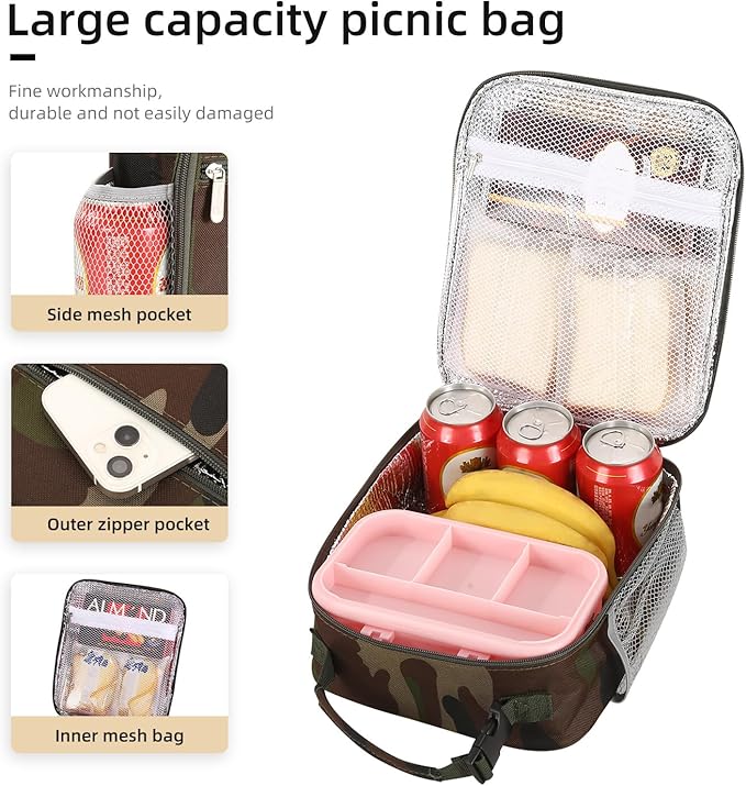 Lovoeo Lunch box Lunch bag for men women Insulated Lunchbox Lunch bags for Work Picnic Travel (Green camo)