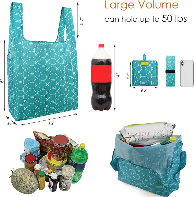 BeeGreen Geometry Reusable Grocery Bags Bulk 6 Packs X-Large, Reusable Shopping Bags Foldable for Groceries, Vegetables, Fruits Watertight Bulk Tote Bags Washable For Women and Men