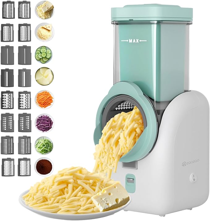 Upgraded 8-in-1 Electric Cheese Grater & Electric Cheese Shredder with 8 Interchangeable Blades for Cheese, Vegetables, Fruits and Nuts