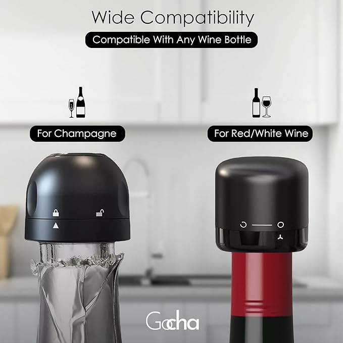 GOCHA | Vacuum Wine & Champagne Preserver Set | Built-in Vacuum Seal Technology | 1.5 inch Silicone Twist Top | Reusable, Leak Proof Cork | (Pack of 4, 2 Wine + 2 Champagne)