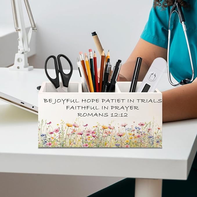 Floral Christian Wooden Utensils Holder, Wildflower Romans 12:12 Bible Verse Wood Cooking Utensil Holder Organizer for Kitchen Countertop Counter Decor Accessories