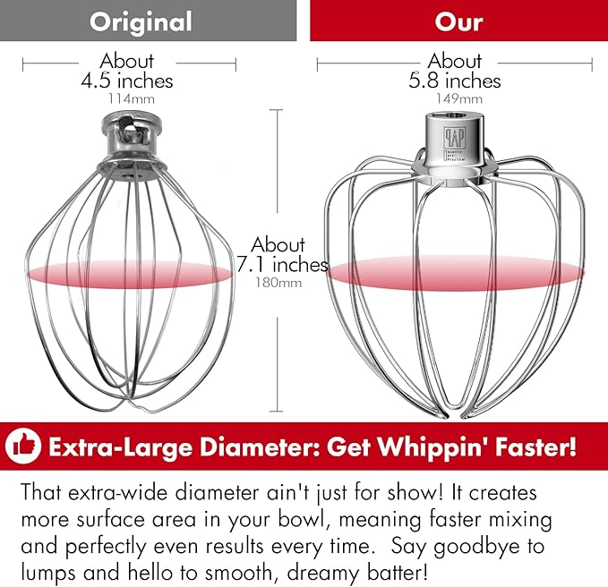 Heavy Duty Whisk Attachment for KitchenAid 5Plus-6QT Bowl-Lift Stand Mixers- Extra Thick Stainless Steel Wire Whip for Fast Whipping, Perfect for Large Batches, Dishwasher Safe