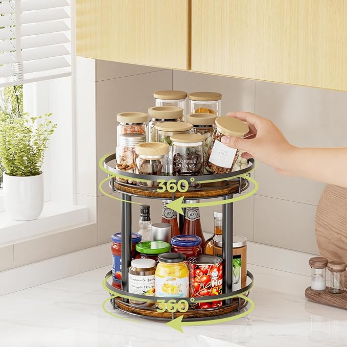 LAMU 2 Tier 9'' Lazy Susan Turntable Organizer for Cabinet and 10'' Wood Lazy Susan Spice Rack