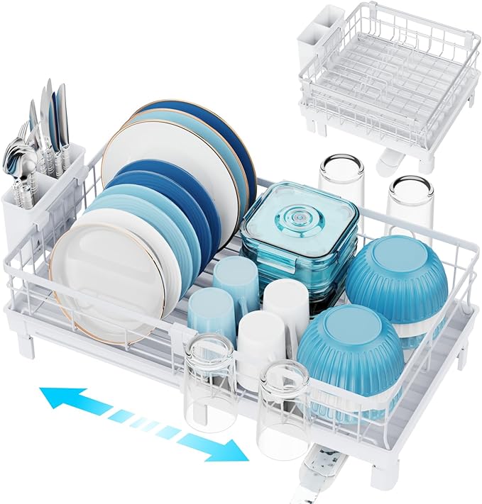 GSlife Expandable Dish Drying Rack for Kitchen Counter, Compact Space-Saving Dish Rack with Drainboard, Rustproof Dish Drainer for Small Kitchen, Apartment, RV, 12.2" W x 12"-20.5" L, White