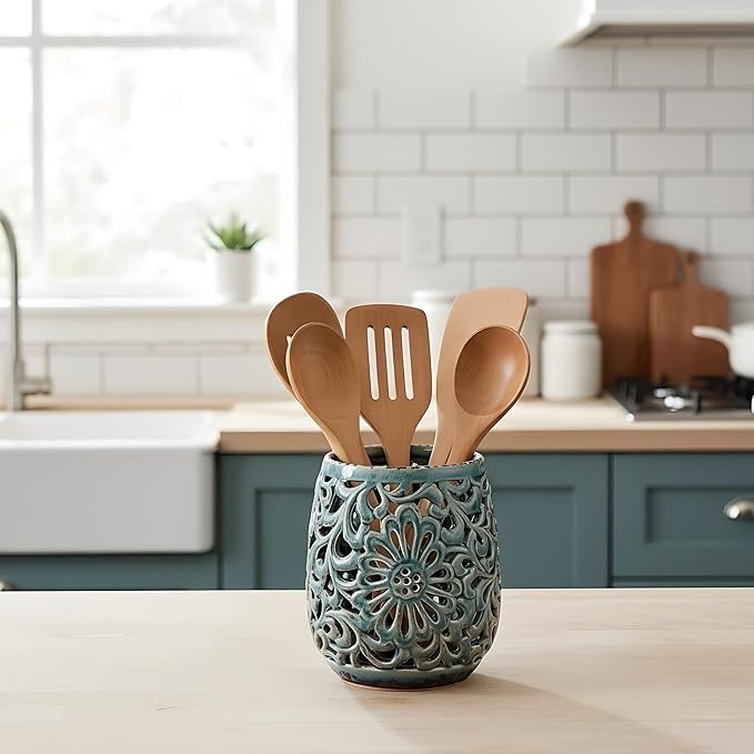 Farmhouse Kitchen Utensil Holder for Kitchen Counter, Ceramic Large Cooking Utensil Crock with Cork Mat, Countertop Cooking Tool Spatula Organizer, Antique Grayish Blue
