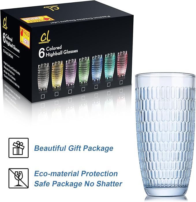 CREATIVELAND Highball Beverage Glasses Set of 6 Romantic Colored Thick & Heavy Base Big Capacity 14.87oz|440ml, Drinking Glass Tumblers for Iced Tea, Water, Soda & Juice and Cocktail