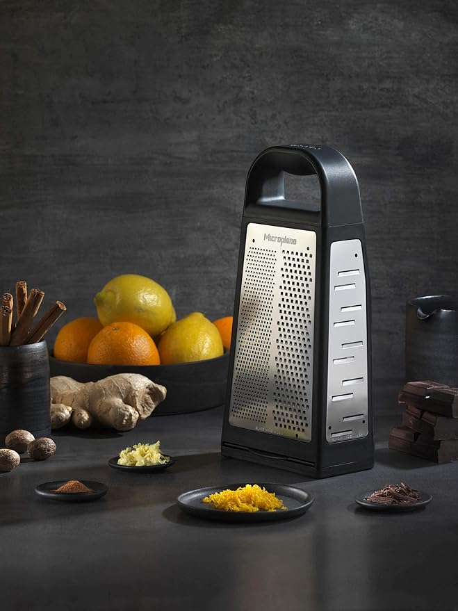 Microplane Elite Five Blade Box Grater with Measuring Cup Base, Five Grating Surfaces Including Fine, Coarse, Double-Sided Ribbon, Ultra-Coarse, and Slicer - Black